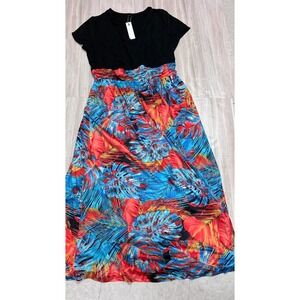 Newshows Womens Tropical Leaf Print Maxi Dress Black Blue Orange Size L NEW